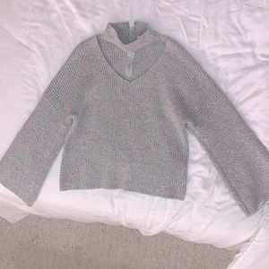 Grey Cut-out V-neck Sweater